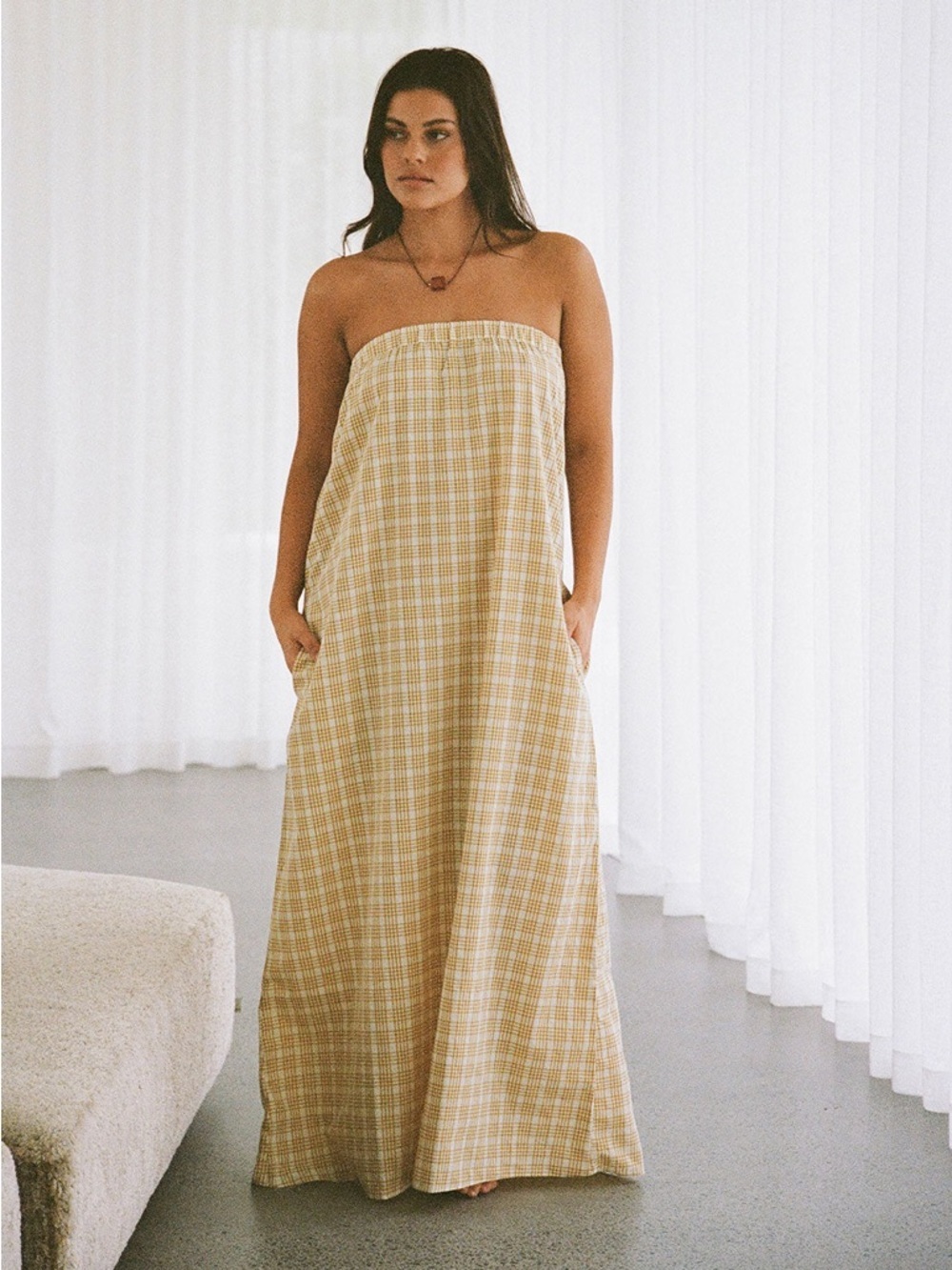 sabo norah strapless yellow plaid maxi dress